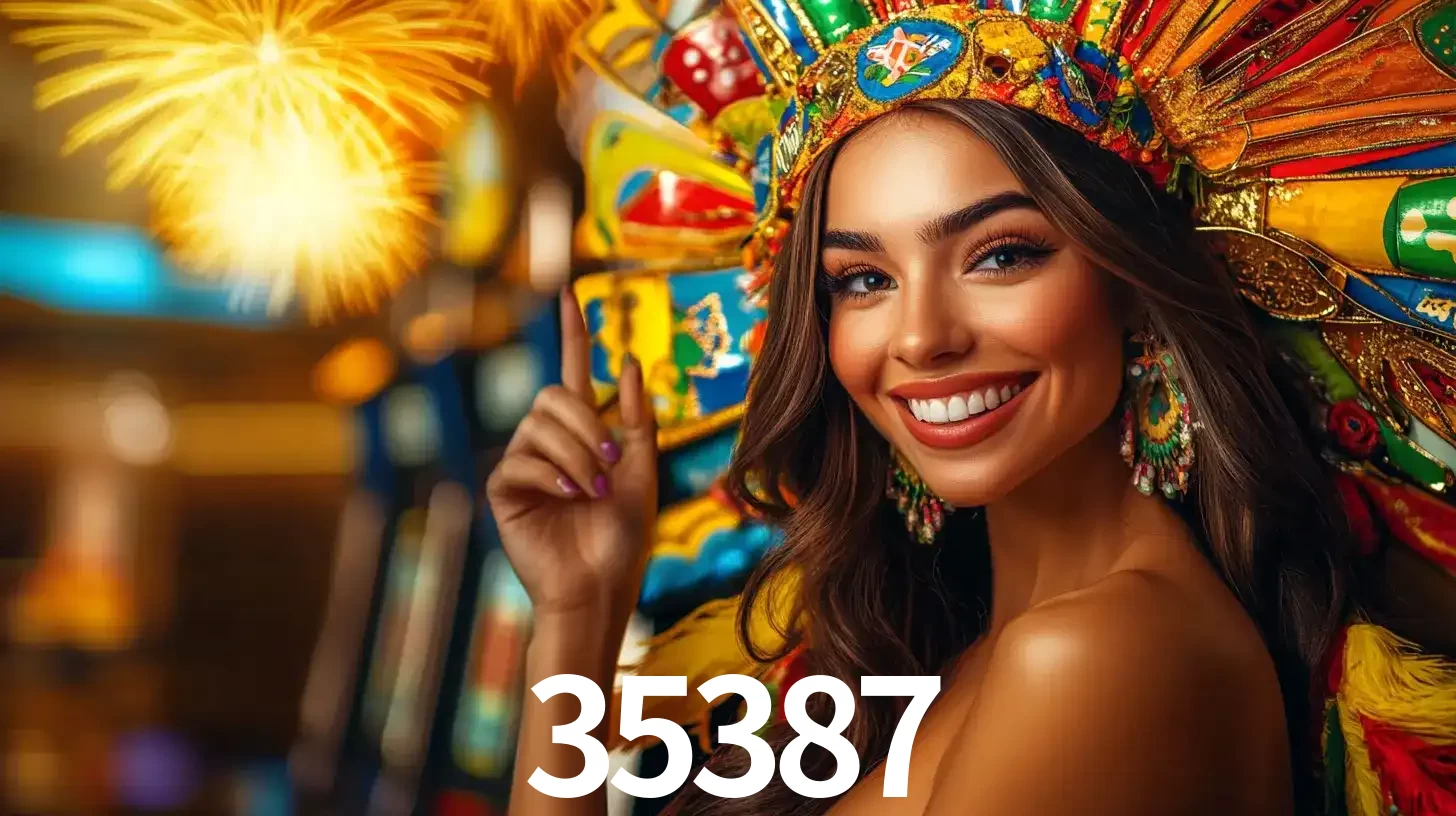 Mulher sorridente com um cocar de carnaval vibrante e colorido, celebrando uma grande vitória nos jogos do cassino 35387 com fogos de artifício ao fundo.