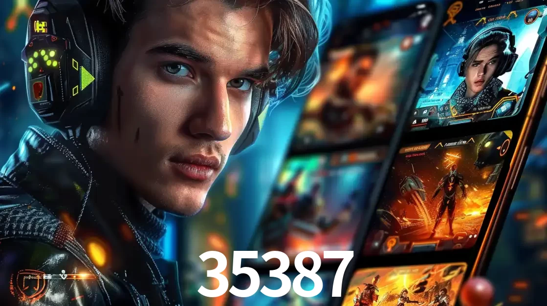 Jovem jogador com fones de ouvido olhando para a câmera, com um aplicativo de jogos e e-sports para celular ao fundo, pronto para a competição e apostas no 35387.