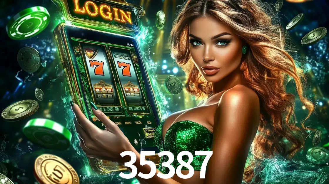 Mulher com tema verde apresentando o aplicativo do cassino 35387 com um jogo de slot de 777, cercada por fichas de cassino e uma aura de sorte.