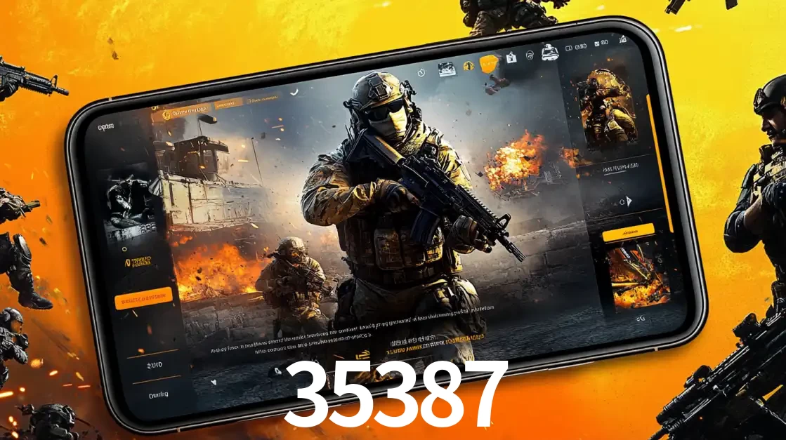 Um smartphone exibindo a interface de um jogo de tiro em primeira pessoa, com um soldado em um cenário de batalha, representando a ação dos e-sports para apostar no 35387.