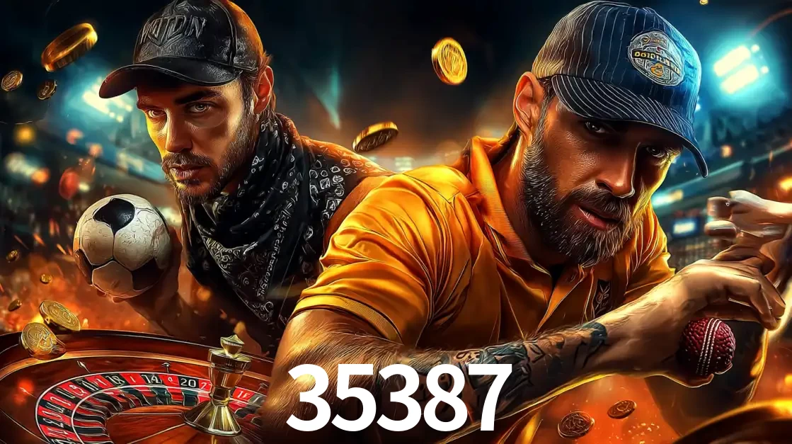 Montagem de apostas esportivas e cassino no 35387, com um homem segurando uma bola de futebol e outro uma de beisebol sobre uma roleta e moedas voadoras.