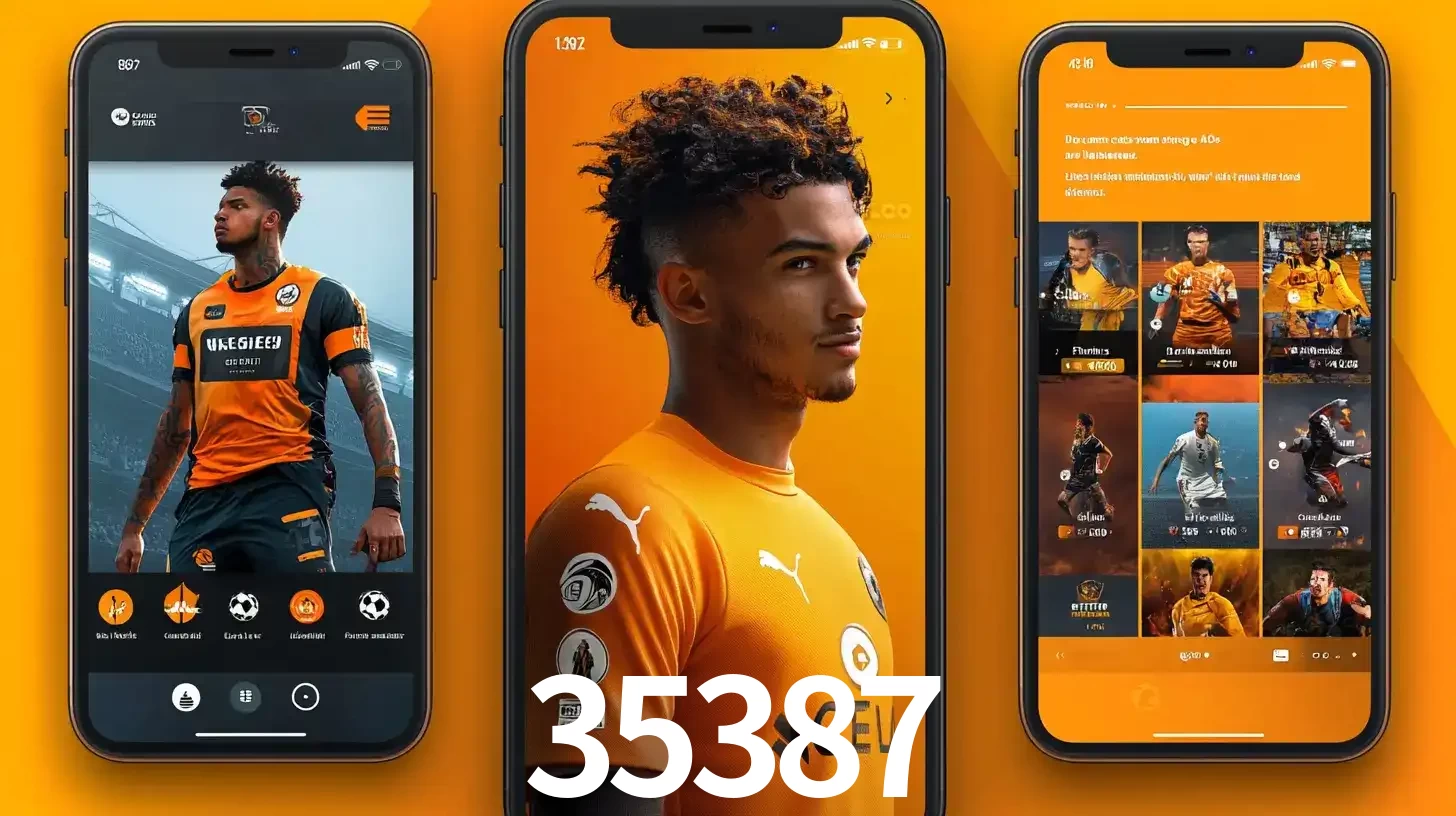 Interface do aplicativo de apostas esportivas 35387 em três telas de celular, mostrando o perfil de um jogador de futebol e a lista de jogos disponíveis para apostar.