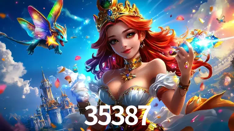 A princesa de um reino de fantasia mágico, com seu pequeno dragão, apresentando um mundo de prêmios encantados nos jogos de caça-níqueis do cassino 35387.
