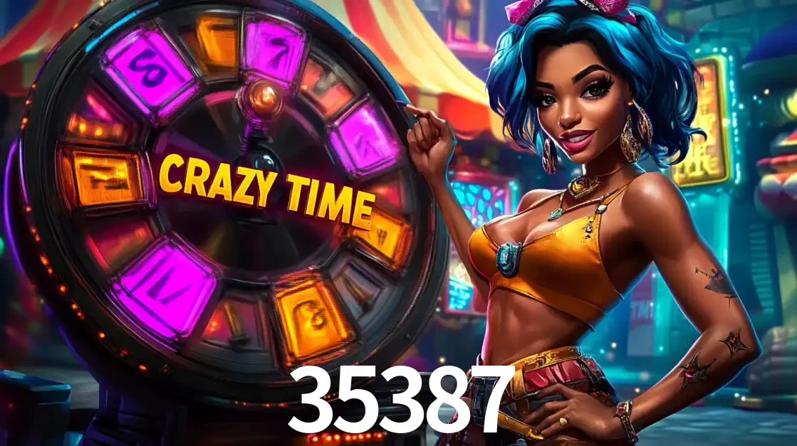 Mulher estilizada com cabelo azul e visual vibrante posando ao lado da roda de prêmios do game show Crazy Time, convidando para a diversão e os bônus do cassino 35387.