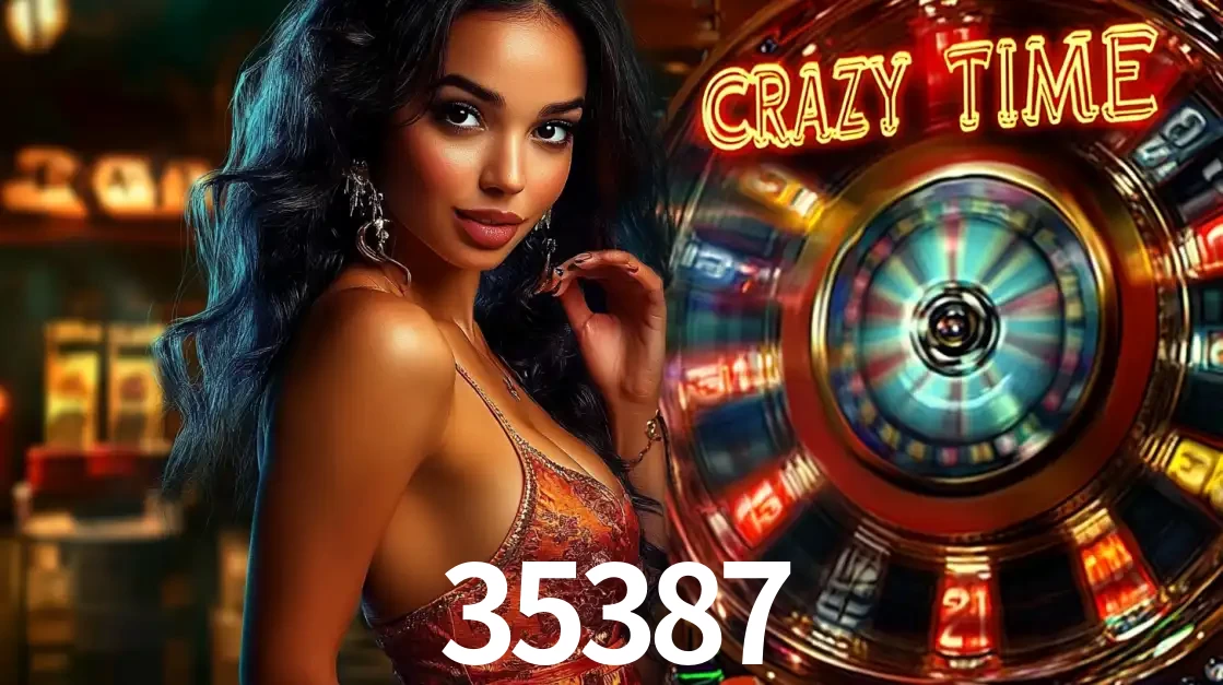 Mulher elegante ao lado da vibrante roda da fortuna do jogo de cassino ao vivo Crazy Time, um dos game shows mais populares e cheios de prêmios do 35387.