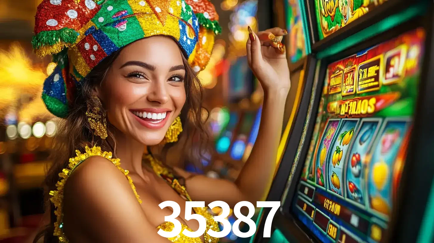 Mulher feliz com traje de carnaval amarelo e colorido ao lado de uma máquina de caça-níqueis, aproveitando a diversão e os jogos temáticos do cassino 35387.