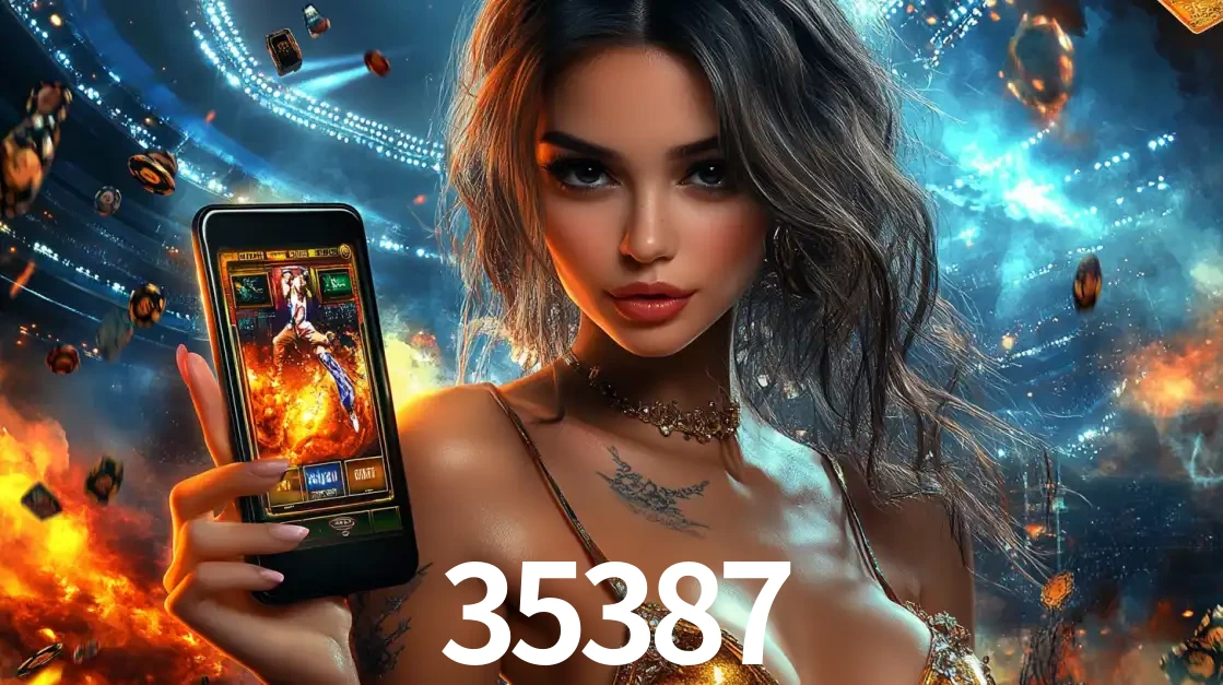 Mulher segurando um celular com um jogo de slot em destaque, tendo como fundo um estádio vibrante, simbolizando a emoção de jogar no cassino móvel 35387.