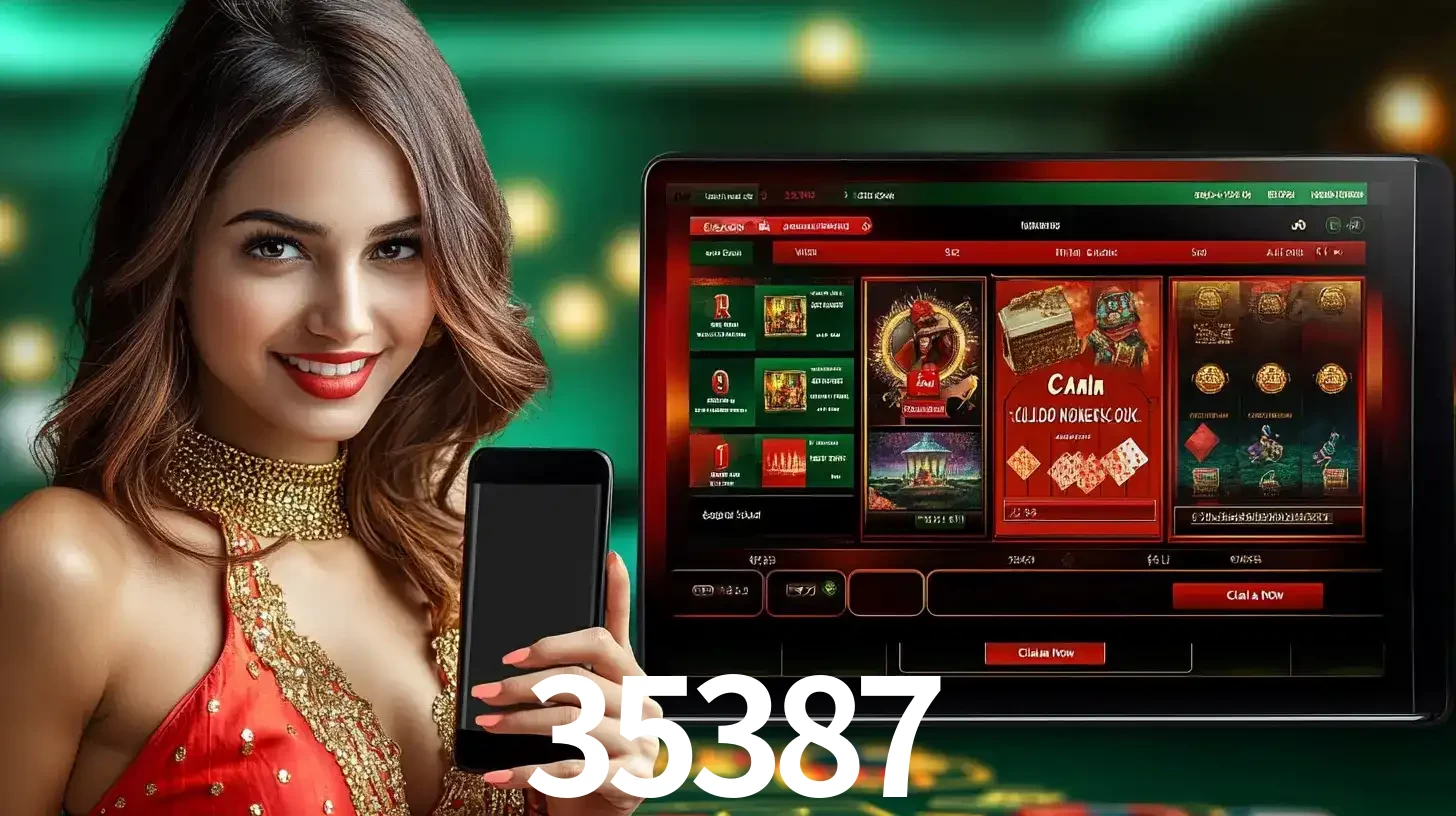 Mulher sorridente segurando um smartphone, ao lado de uma tela exibindo o lobby de jogos do cassino online 35387, com várias opções de jogos de cartas e slots.